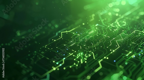 Bright green colored circuit board, lines, and dots form an electronic circuit board, information and technology-themed background, modern and cool background. Created with Generative AI.