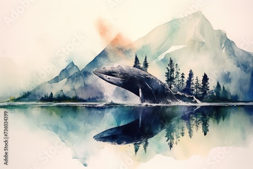 Whale Jumping Out of Lake: Realistic Watercolor Wallpaper