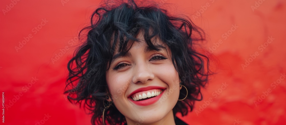 Glamorous woman posing on a vibrant red background in a stylish fashion shoot Glamorous woman posing on a vibrant red background in a stylish fashion shoot