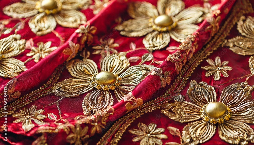 floral embroidery on a red silk golden embroidery and red flowers luxurious red silk fabrics embroidered with gold flower pattern