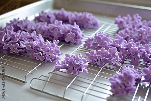freshly made fondant lilacs on a cooling rack photo