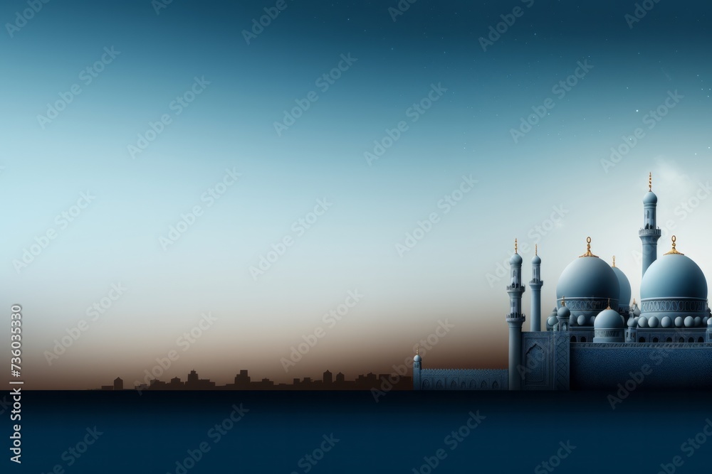 illustration of Ramadan Kareem greeting with Islamic city with mosque, crescent moon and stars on dark blue twilight sky, islamic religion Ramadan Eid al-Adha, Eid al-fitr.