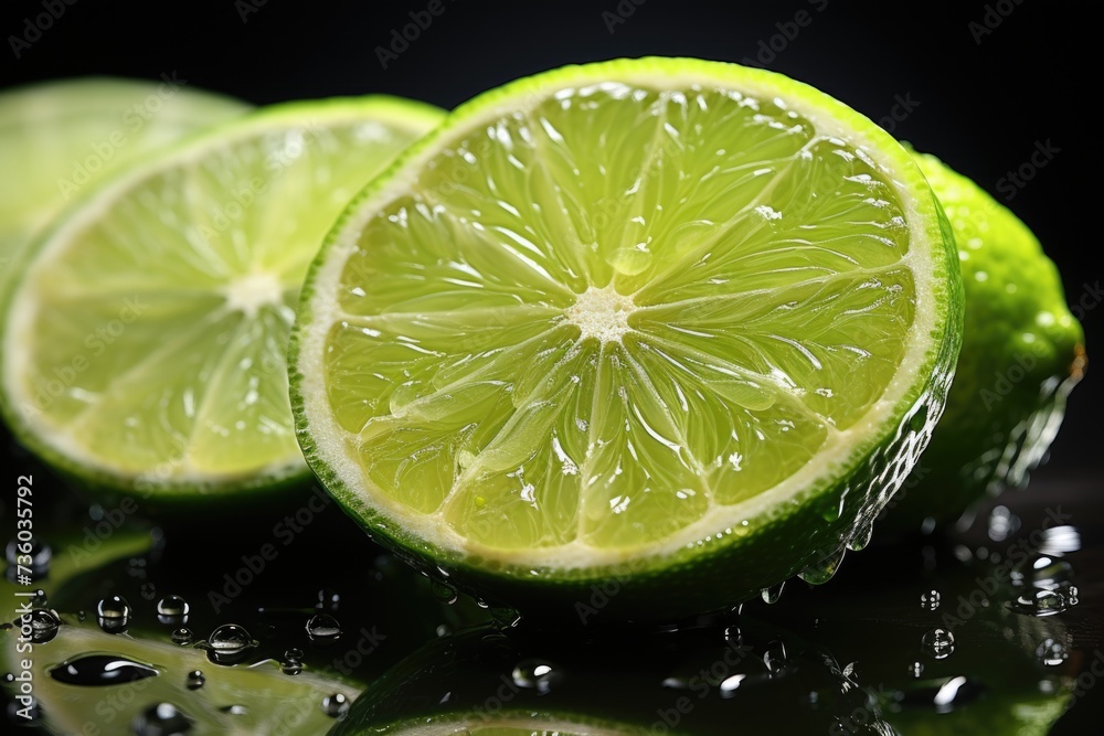 Lemon lime slice with water drops isolated on black background Generative AI Lemon lime slice with water drops isolated on black background Generative AI