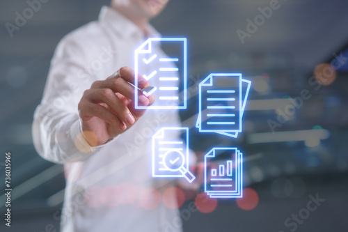 Document data system Report HR technology Concept Businessman Manager checking white documents reports papers of files icon in modern office blurred background
