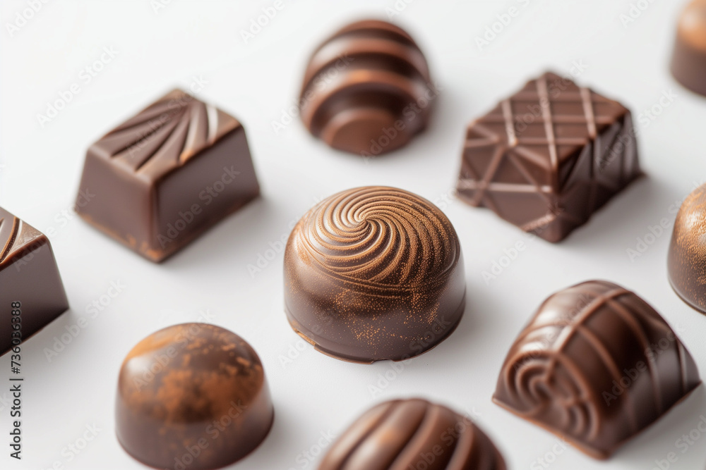 Assorted chocolates, confectionery cocoa truffles, dark chocolates, milk chocolates, on a white background Assorted chocolates, confectionery cocoa truffles, dark chocolates, milk chocolates, on a white background