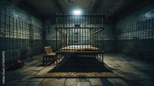 An empty prison cell with a bed and a table photo