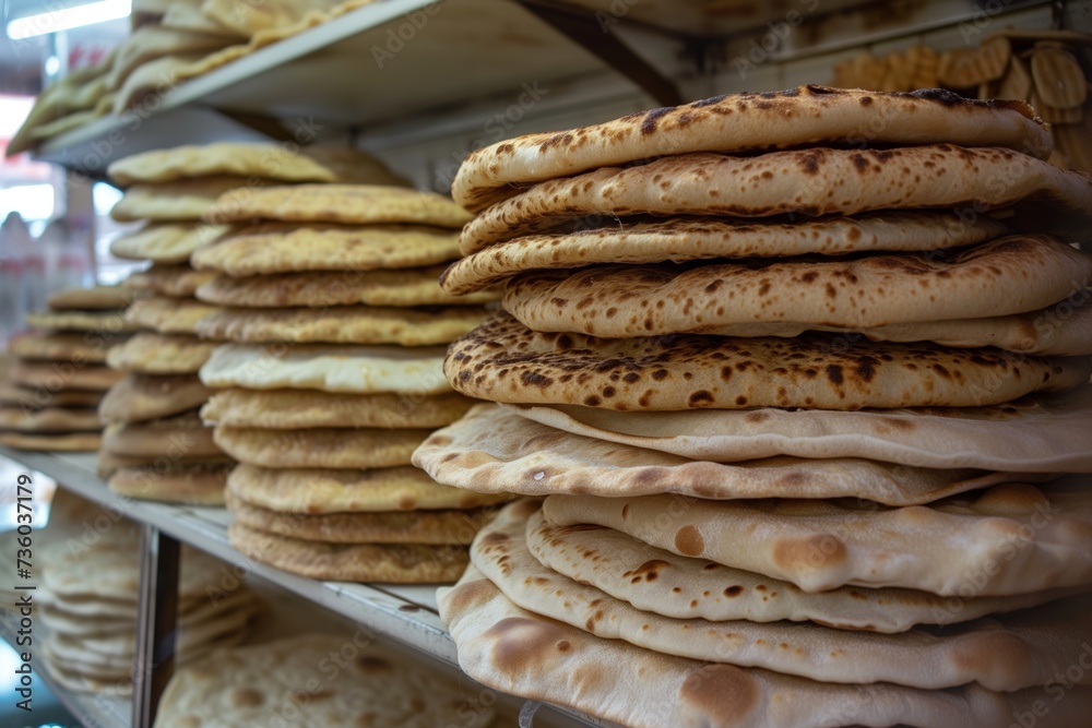 variety of flatbreads stacked on bakery shelf variety of flatbreads stacked on bakery shelf