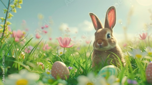  Cheerful Easter Bunny in Meadow with Eggs and Room for Text © Rafhan Aldiz