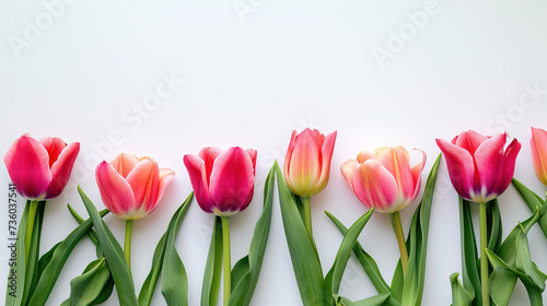 Spring flowers on white background. Tulip flowers top view in flat lay style. Greeting for Mothers Day or Spring Sale Banner with space for text. Horizontal banner with copy space.