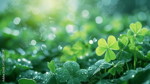 Abstract green blurred background with clovers and round bokeh for st patrick's day celebration 