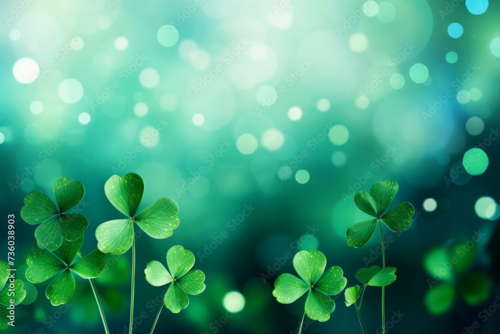 Abstract green blurred background with clovers and round bokeh for st patrick's day celebration
Abstract green blurred background with clovers and round bokeh for st patrick's day celebration
