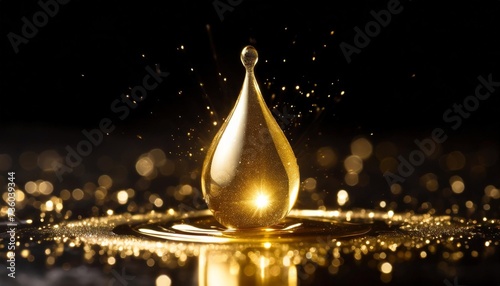 a golden drop on a black background shining with light photo