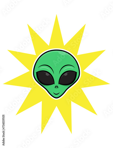 Cute Green Alien Head cartoon character with background sunlight. Best for mascot, logo, and sticker with extraterrestrial themes
