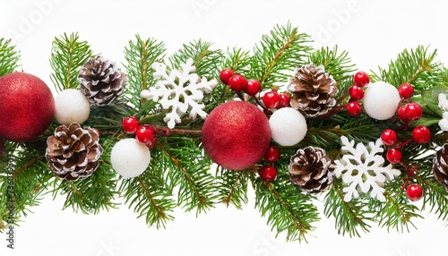 snowberries with green twigs of christmas tree red decorations and cones in a holiday wave garland isolated on white or transparent background