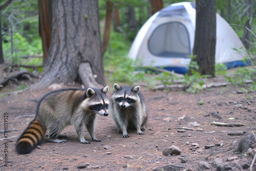 raccoons scavenging near a forest campsite