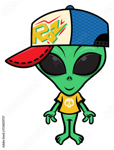 Funny Green Alien cartoon characters wearing street wear outfit like trucker cap with spray paint text drawn and t-shirt with skull drawn. best for mascot or sticker with extraterrestrial themes