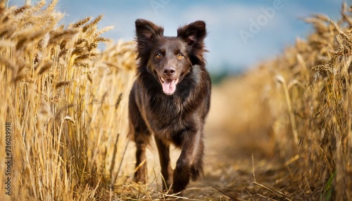 dark brown dog walking in the gold spikelets © Diann