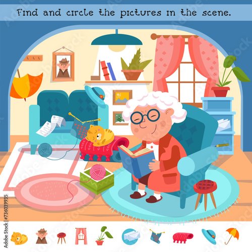 Find hidden objects in picture. Educational puzzle game for kids. Сute cartoon grandma with book. Vector color illustration. Scene for design. Old woman at home.