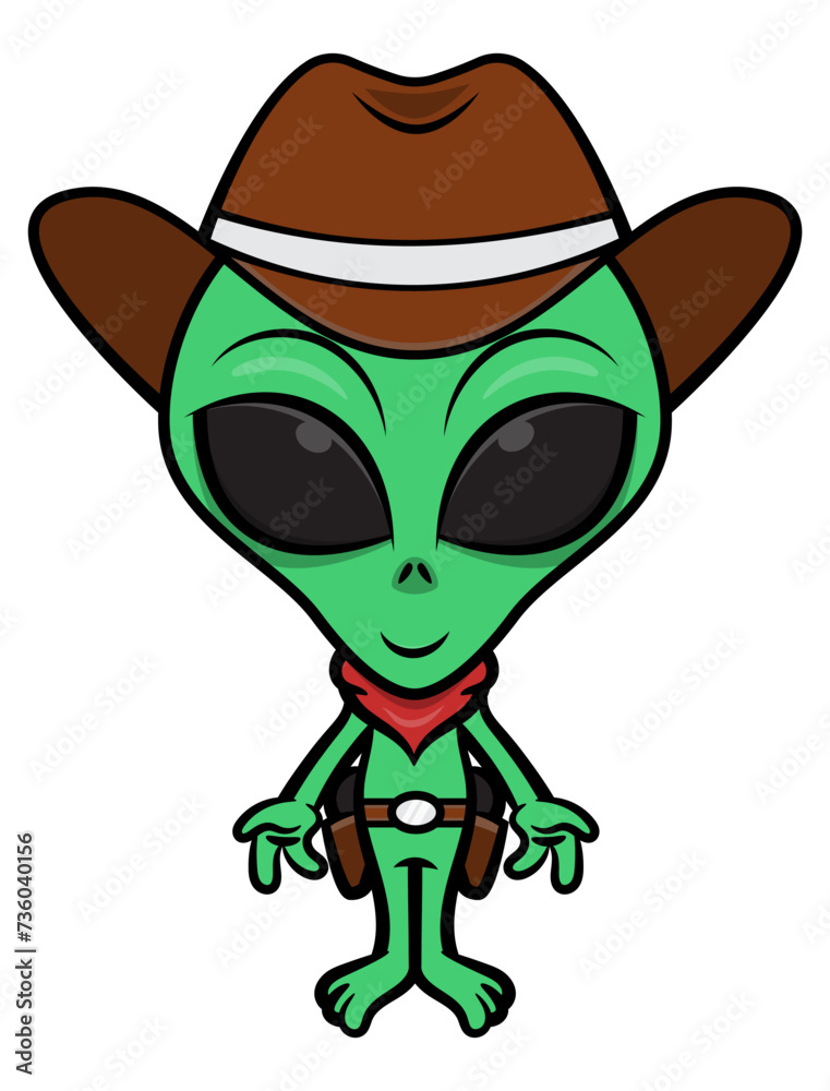 Funny Green Alien cartoon characters wearing cowboy costume like cowboy hat, scarf and a belt holster with guns. best for mascot or sticker with extraterrestrial themes Funny Green Alien cartoon characters wearing cowboy costume like cowboy hat, scarf and a belt holster with guns. best for mascot or sticker with extraterrestrial themes