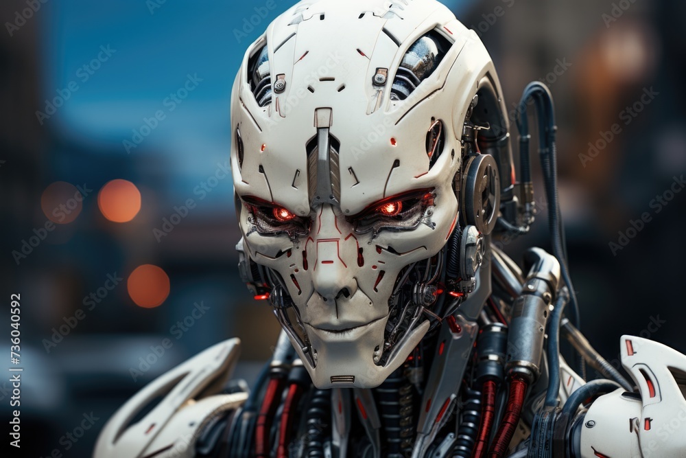 A white robot glowing red eye Generative AI A white robot glowing red eye Generative AI