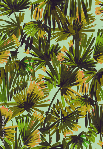 Tropical seamless pattern with palm leaves painted with a brush. Sketch with tropical leaves. Tropical wallpaper