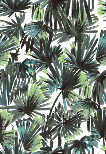 Fototapeta Naklejka Na Ścianę i Meble -  Tropical seamless pattern with palm leaves painted with a brush. Sketch with tropical leaves. Tropical wallpaper