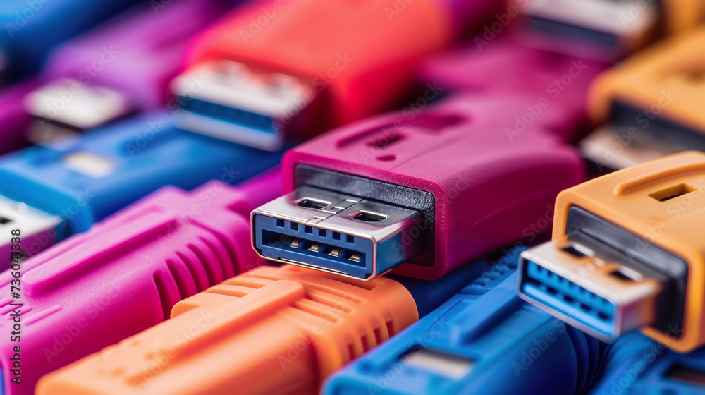 Close-up photo of colored cables with various connectors, such as HDMI, USB-A, Display Port Close-up photo of colored cables with various connectors, such as HDMI, USB-A, Display Port