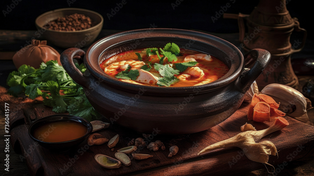 Tom yum goong soup in pot. Food concept Tom yum goong soup in pot. Food concept
