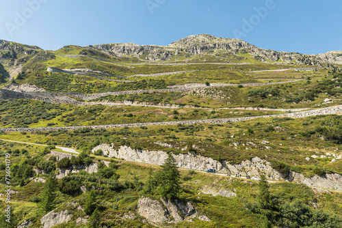 View of the serpentines of the Grimsel Pass road, Obergoms, Canton of Valais, Switzerland