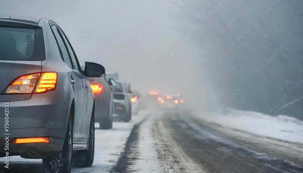 cars in the fog bad winter weather and dangerous automobile traffic on the road light vehicles in foggy day