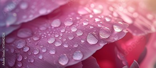 Macro shot of water droplets on vibrant pink flower petals in nature, close-up detail