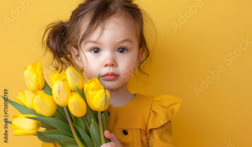 little girl with tulips  on a yellow background #736042789