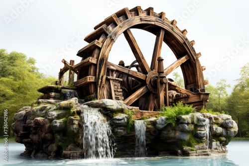 Water mill wooden wheel Generative AI photo