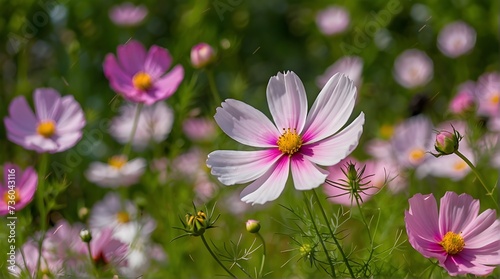 pink and white flowers In a garden, cosmos flowers bloom
