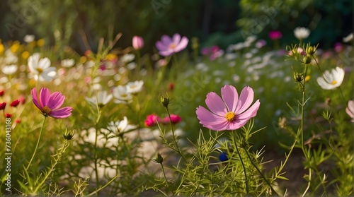 pink flowers in spring In a garden, cosmos flowers bloom