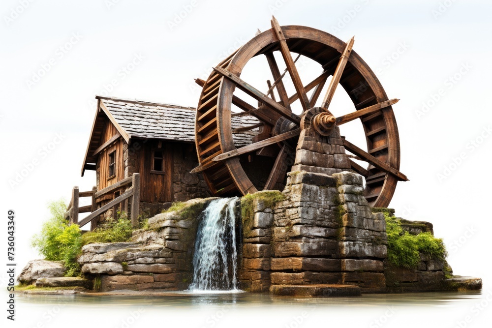 Water mill wooden wheel with wooden house Generative AI