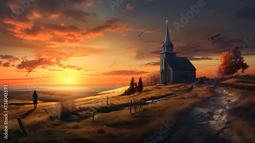 Landscape sunset: people go to a lonely church