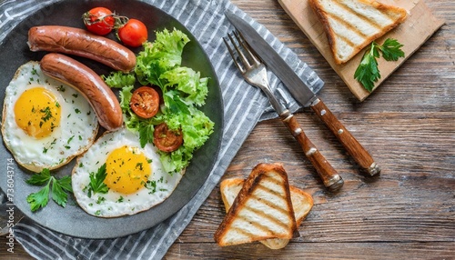 fried eggs with appetizing sausages toast bread and fresh salad top view