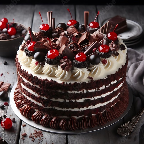 Schwarzwalder Kirsch torte, black forest cake, harsh light, table background in sunlight, modern still life, cherry dessert on modern background  photo