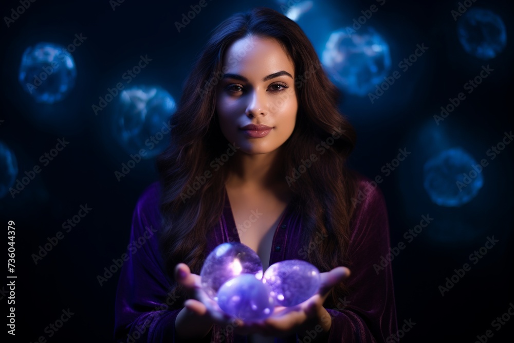 Naklejka premium An enigmatic woman, draped in a purple robe, conjures a swirling galaxy of light within a crystal orb, surrounded by an aura of mystical energy. 