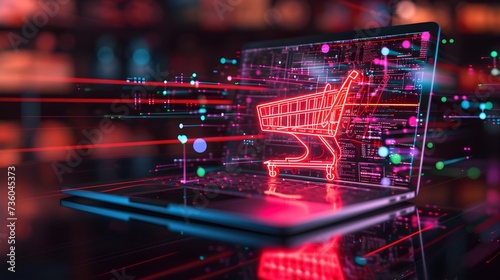 Neon Shopping Cart Icon Emerging from Laptop Screen Symbolizing E-Commerce and Online Retail