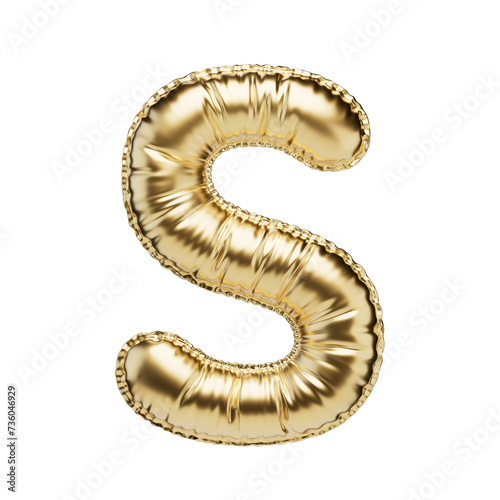 Letter S in the form of a gold foil balloon isolated on a transparent background. PNG 3D render. Letter of the Latin alphabet. Metallic volumetric letter with matte texture. Golden monogram.