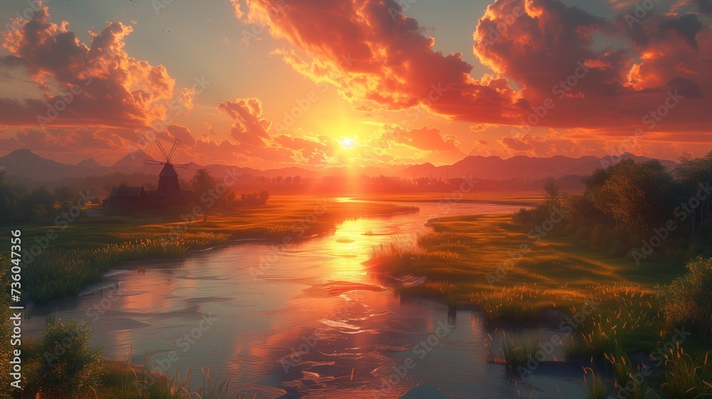 The sun is setting, casting a warm afterglow over the river in the painting. Cumulus clouds fill the sky, creating a beautiful natural landscape