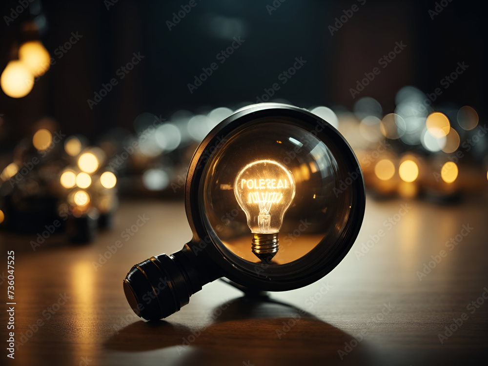 Uncovering Opportunities with Business Vision, Magnifier glass focus to target objective with idea creative light bulb icon. planning development leadership and customer target group concept... - obrazy, fototapety, plakaty 