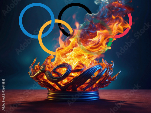 Description: This is a digitally altered image of the Olympic flame with the Olympic rings superimposed in the background