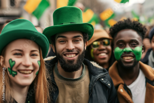 Saint Patric’s Day, Festive Street Parade with multi ethnic happy people dressed in green hats and clover leaves. 17th March feast day of St. Patrick, patron of Ireland. Irish tradition.