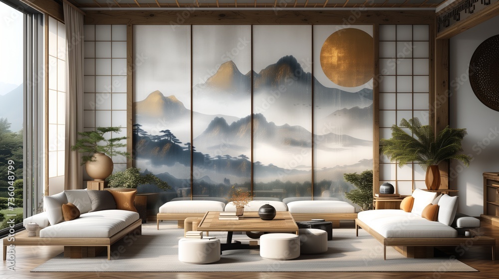 A living room featuring a painting of mountains on the wall ...