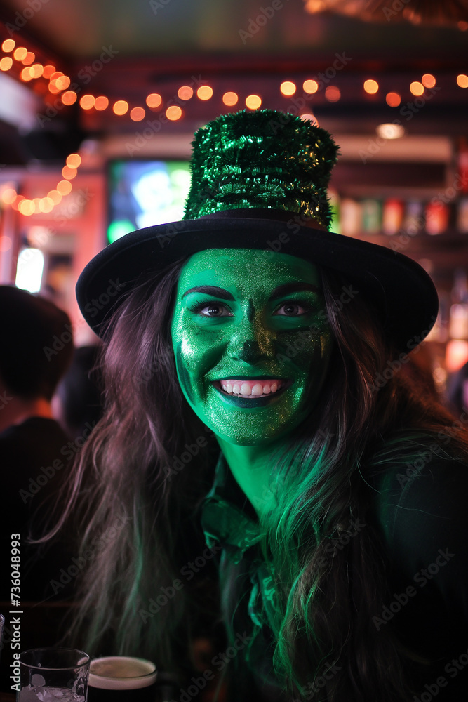 Fototapeta premium Happy Saint Patric’s Day. Happy woman dressed all green in Irish Pub. 17th March feast day of St. Patrick, patron of Ireland. Irish tradition, religious and cultural holiday. Green background.