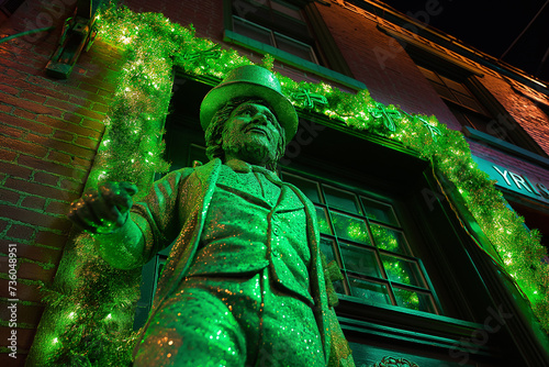 Saint Patric’s Day decoration for street parade. 17th March feast day of St. Patrick, patron of Ireland. Irish tradition, religious and cultural holiday. Green background. photo