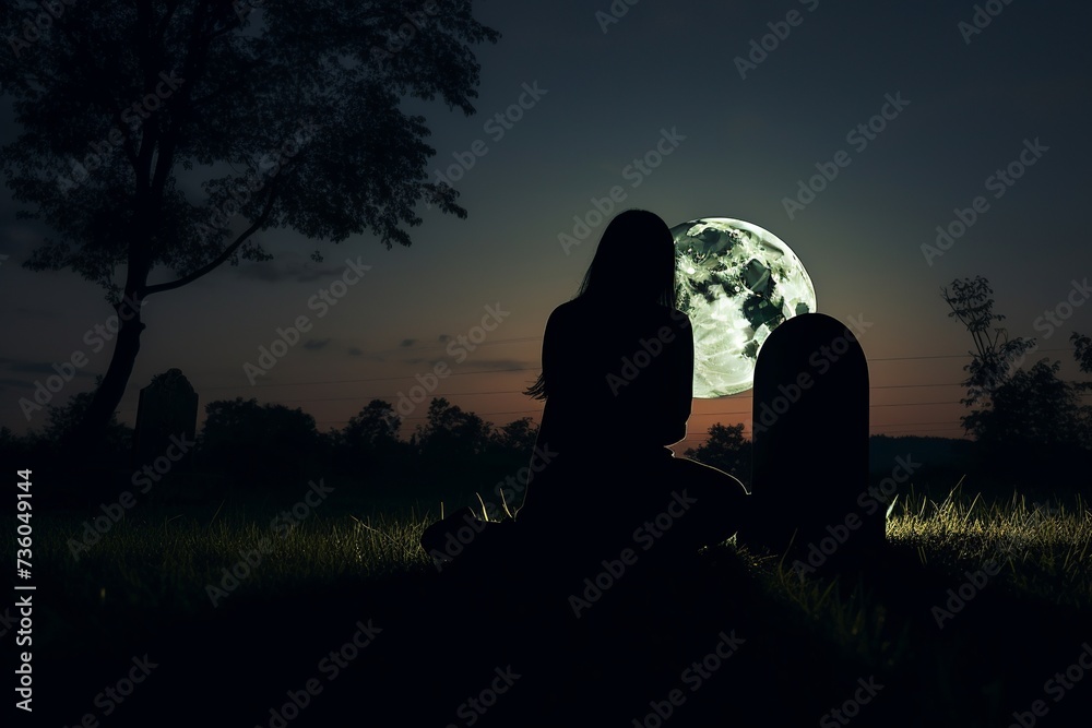 Grieving Woman at Graveyard Under Moonlight

